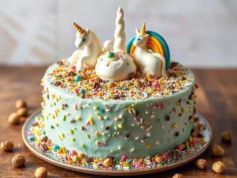 make a marshmellow cake with chocolate nibs rainbows unicorns and sprinkles, make it exploding with pistachios