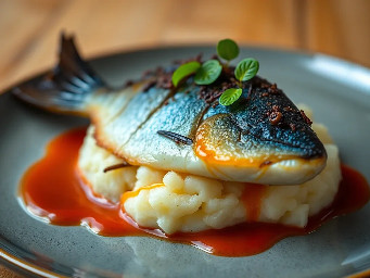 Mashed potatoes with fried blue catfish fillet with sweet chili sauce