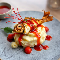Mashed potatoes with fried blue catfish with sweet chili sauce