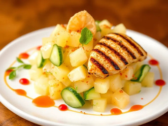 Diced pineapple and cucumber salad with grilled chicken