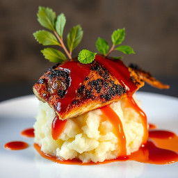 Mashed potatoes with fried blue catfish fillet with sweet chili sauce