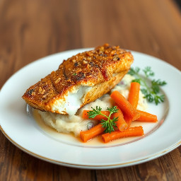 Deep fried blue catfish fillet with marble mashed potatoes and sautéed carrots