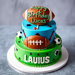 3 tier cake. 1st tier cake is green with soccer balls and the second tier is blue with hockey sticks and pucks and top layer is has a big American football that says Happy Birthday Lucas!