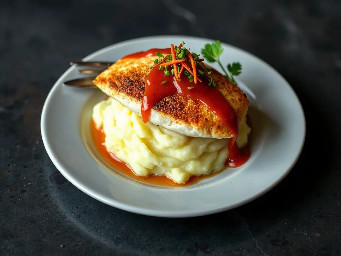 Mashed potatoes with fried blue catfish fillet with sweet chili sauce
