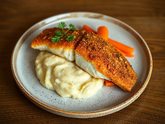 Deep fried blue catfish fillet with marble mashed potatoes and sautéed carrots