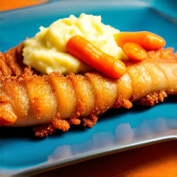 Deep fried blue catfish fillet with mashed potatoes and sautéed carrots