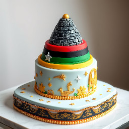 Elegant two-tier ceremonial cake inspired by Zimbabwean heritage. The top tier is shaped like the iconic conical tower of Great Zimbabwe, with detailed stone-wall texture resembling the ancient ruins. The bottom tier is a sleek rectangular cake symbolizing a foundation or podium. The cake incorporates the colors of the Flag of Zimbabwe — green, gold, red, black, and white — blended with the light blue and white colors of the United Nations. Decorative elements include subtle Zimbabwe bird motifs, elegant fondant patterns, and gold accents. The overall design should look sophisticated, diplomatic, and symbolic, suitable for an official international celebration. Realistic bakery style, high-detail fondant, soft lighting, luxury cake presentation.”