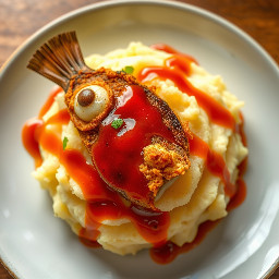 Mashed potatoes with fried blue catfish with sweet chili sauce