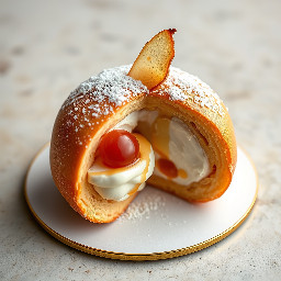Choux bun filled with white chocolate mousse, pear compote and candied hazelnut shard. cross section