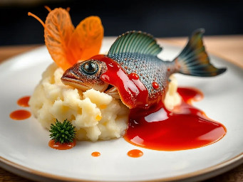 Mashed potatoes with fried blue catfish with sweet chili sauce