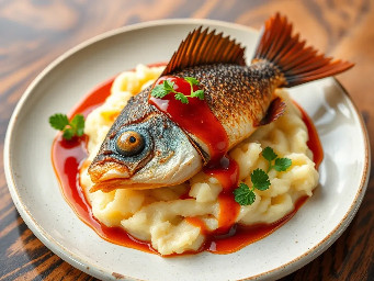Mashed potatoes with fried blue catfish with sweet chili sauce
