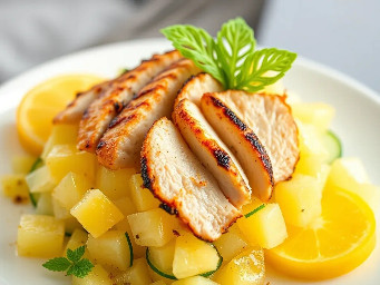 Diced pineapple and cucumber salad with grilled chicken