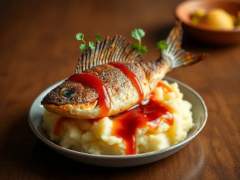 Mashed potatoes with fried blue catfish with sweet chili sauce