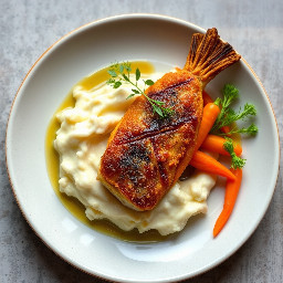 Deep fried blue catfish fillet with marble mashed potatoes and sautéed carrots