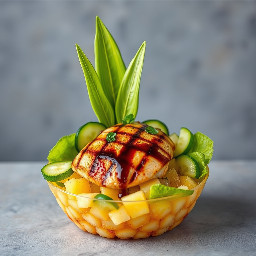 Diced pineapple and cucumber salad with grilled chicken topped with  balsamic vinaigrette