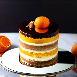 a layered cake with satsuma curd and hazelnut pieces in between the layers with a chocolate mirror glaze on top garnished with a candied orange peel