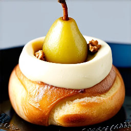 Choux bun filled with white chocolate mousse, pear compote, roasted pear and candied hazelnut shard.