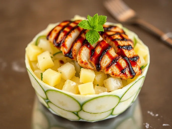 Diced pineapple and cucumber salad with grilled chicken topped with  balsamic vinaigrette