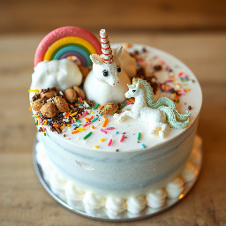 make a marshmellow cake with chocolate nibs rainbows unicorns and sprinkles, make it exploding with pistachios