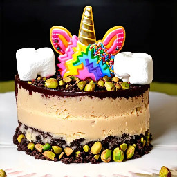 make a marshmellow cake with chocolate nibs rainbows unicorns and sprinkles, make it exploding with pistachios