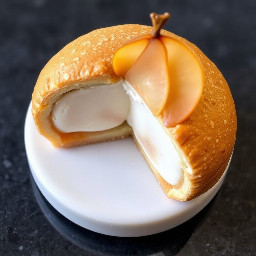 Choux bun filled with white chocolate mousse, pear compote, roasted pear and candied hazelnut shard. cross section