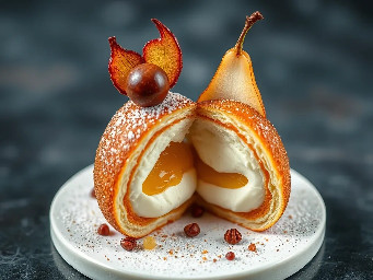 Choux bun filled with white chocolate mousse, pear compote, roasted pear and candied hazelnut shard. cross section
