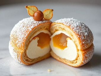 Choux bun filled with white chocolate mousse, pear compote and candied hazelnut shard. cross section