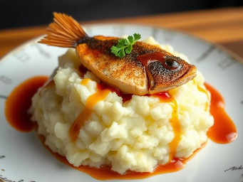 Mashed potatoes with fried blue catfish with sweet chili sauce