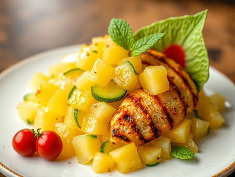 Diced pineapple and cucumber salad with grilled chicken
