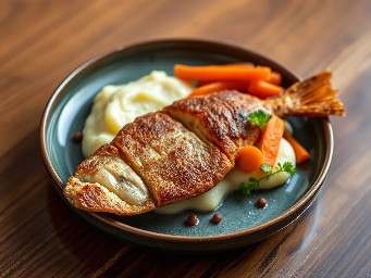 Deep fried blue catfish fillet with mashed potatoes and sautéed carrots