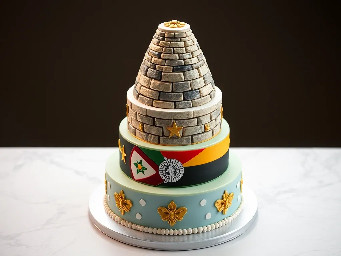 Elegant two-tier ceremonial cake inspired by Zimbabwean heritage. The top tier is shaped like the iconic conical tower of Great Zimbabwe, with detailed stone-wall texture resembling the ancient ruins. The bottom tier is a sleek rectangular cake symbolizing a foundation or podium. The cake incorporates the colors of the Flag of Zimbabwe — green, gold, red, black, and white — blended with the light blue and white colors of the United Nations. Decorative elements include subtle Zimbabwe bird motifs, elegant fondant patterns, and gold accents. The overall design should look sophisticated, diplomatic, and symbolic, suitable for an official international celebration. Realistic bakery style, high-detail fondant, soft lighting, luxury cake presentation.”
