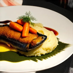 Deep fried blue catfish fillet with marble mashed potatoes and sautéed carrots