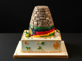 Elegant two-tier ceremonial cake inspired by Zimbabwean heritage. The top tier is shaped like the iconic conical tower of Great Zimbabwe, with detailed stone-wall texture resembling the ancient ruins. The bottom tier is a sleek rectangular cake symbolizing a foundation or podium. The cake incorporates the colors of the Flag of Zimbabwe — green, gold, red, black, and white — blended with the light blue and white colors of the United Nations. Decorative elements include subtle Zimbabwe bird motifs, elegant fondant patterns, and gold accents. The overall design should look sophisticated, diplomatic, and symbolic, suitable for an official international celebration. Realistic bakery style, high-detail fondant, soft lighting, luxury cake presentation.”