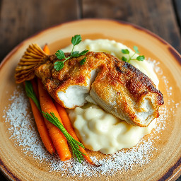 Deep fried blue catfish fillet with mashed potatoes and sautéed carrots