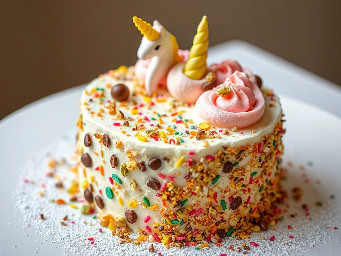 make a marshmellow cake with chocolate nibs rainbows unicorns and sprinkles, make it exploding with pistachios