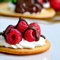 Use uploaded pic and display one of these raspberry filled cookies with 3/4 inch of whipped cream on top, drizzled lightly with chocolate and cut in half for display.