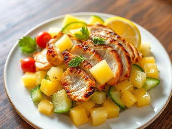 Diced pineapple and cucumber salad with grilled chicken