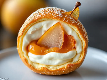 Choux bun filled with white chocolate mousse, pear compote, roasted pear and candied hazelnut shard. cross section