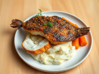 Deep fried blue catfish fillet with marble mashed potatoes and sautéed carrots