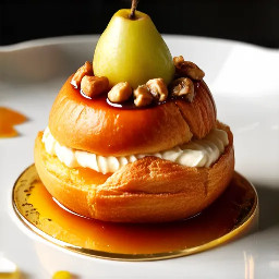 Choux bun filled with white chocolate mousse, pear compote and candied hazelnut shard. cross section