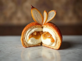 Choux bun filled with white chocolate mousse, pear compote and candied hazelnut shard. cross section