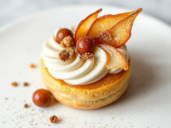 Choux bun filled with white chocolate mousse, pear compote, roasted pear and candied hazelnut shard.