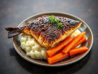Deep fried blue catfish fillet with marble mashed potatoes and sautéed carrots