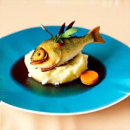 Deep fried blue catfish fillet with marble mashed potatoes and sautéed carrots