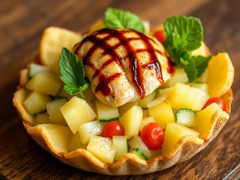 Diced pineapple and cucumber salad with grilled chicken topped with  balsamic vinaigrette