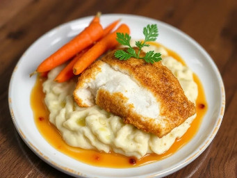 Deep fried blue catfish fillet with marble mashed potatoes and sautéed carrots