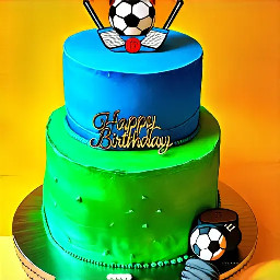 3 tier cake. 1st tier cake is green with soccer balls and the second tier is blue with hockey sticks and pucks and top layer is has a big American football that says Happy Birthday Lucas!